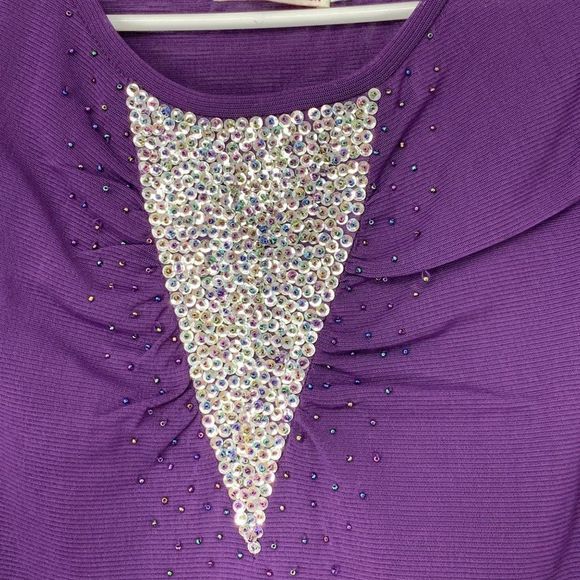 Dong Tai Womens Bling Sequin Bead Top Purple Size M 3328 Pullover ladder sleeve - Picture 3 of 5